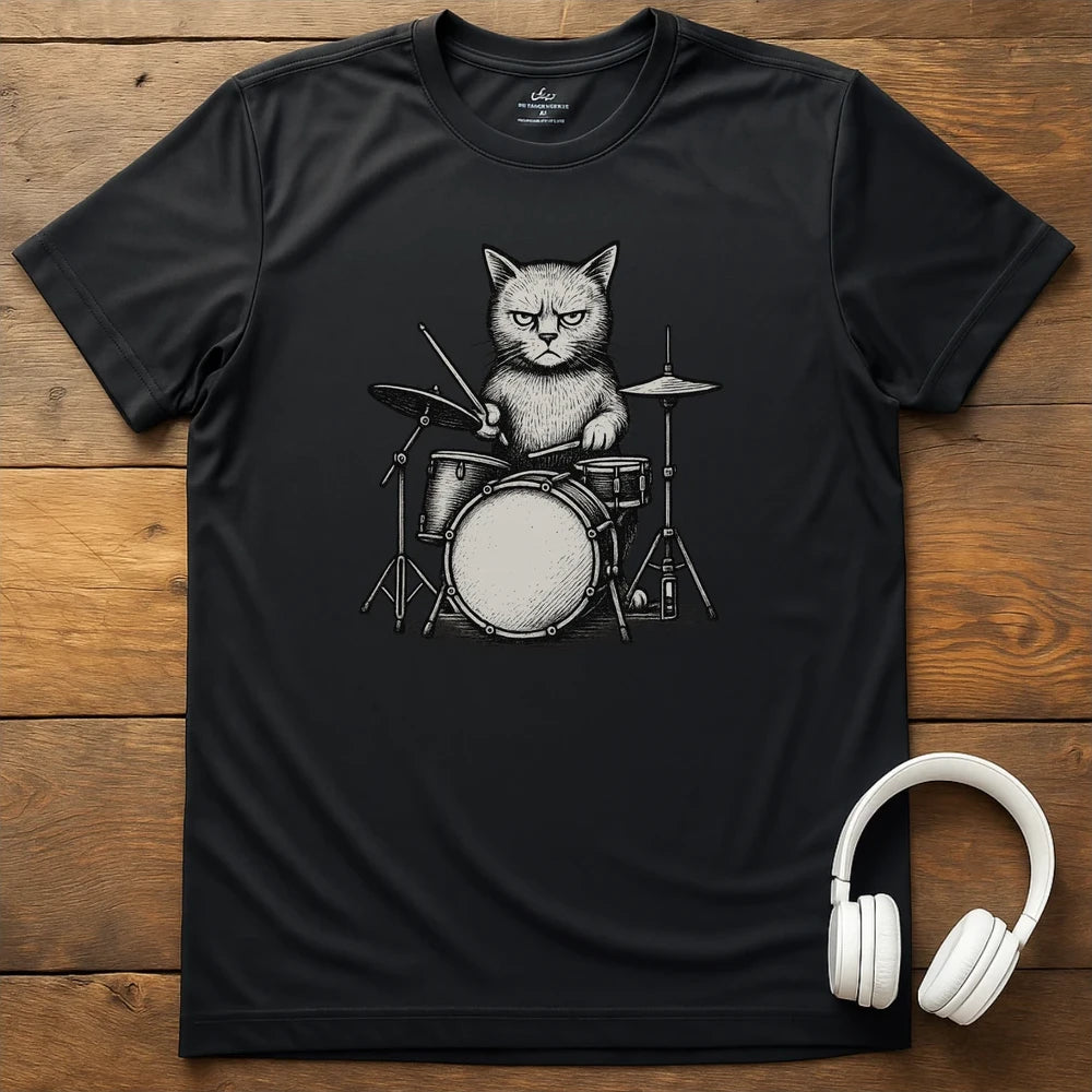 Cat Drums T-Shirt - Black