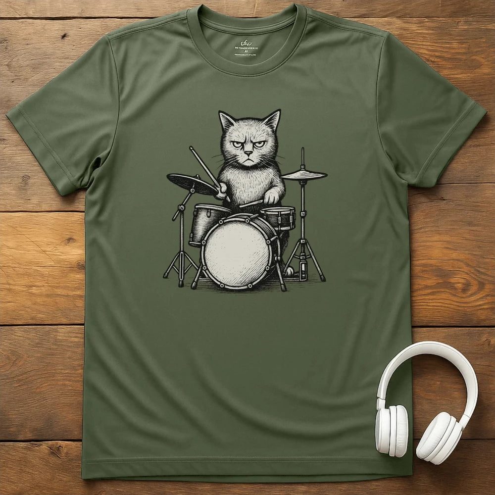 Cat Drums T-Shirt - Military Green
