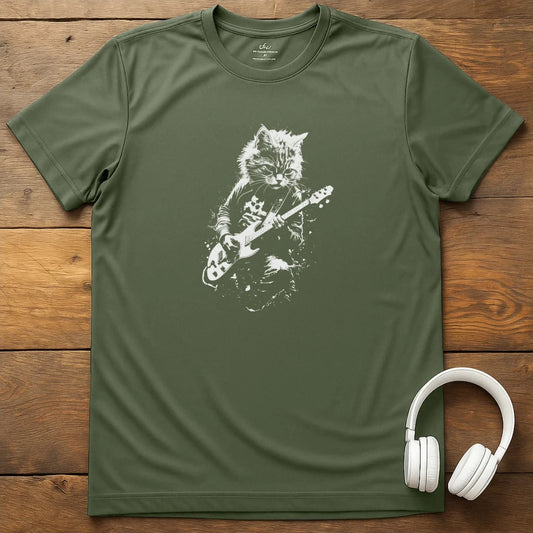 Cat Rocks Out T-Shirt - Military Green